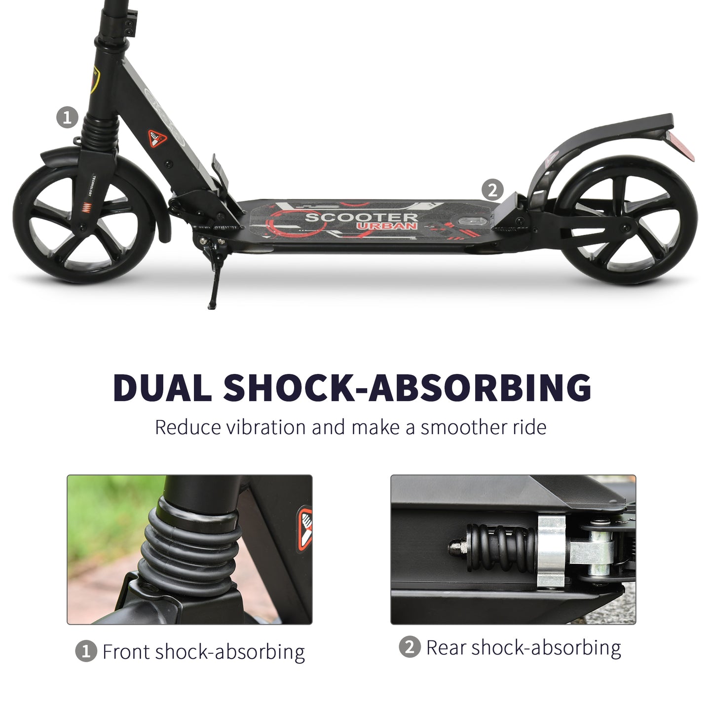Folding Kick Scooter, Adjustable Ride On Scooter with 200mm Big Wheels and Double Shock Absorption