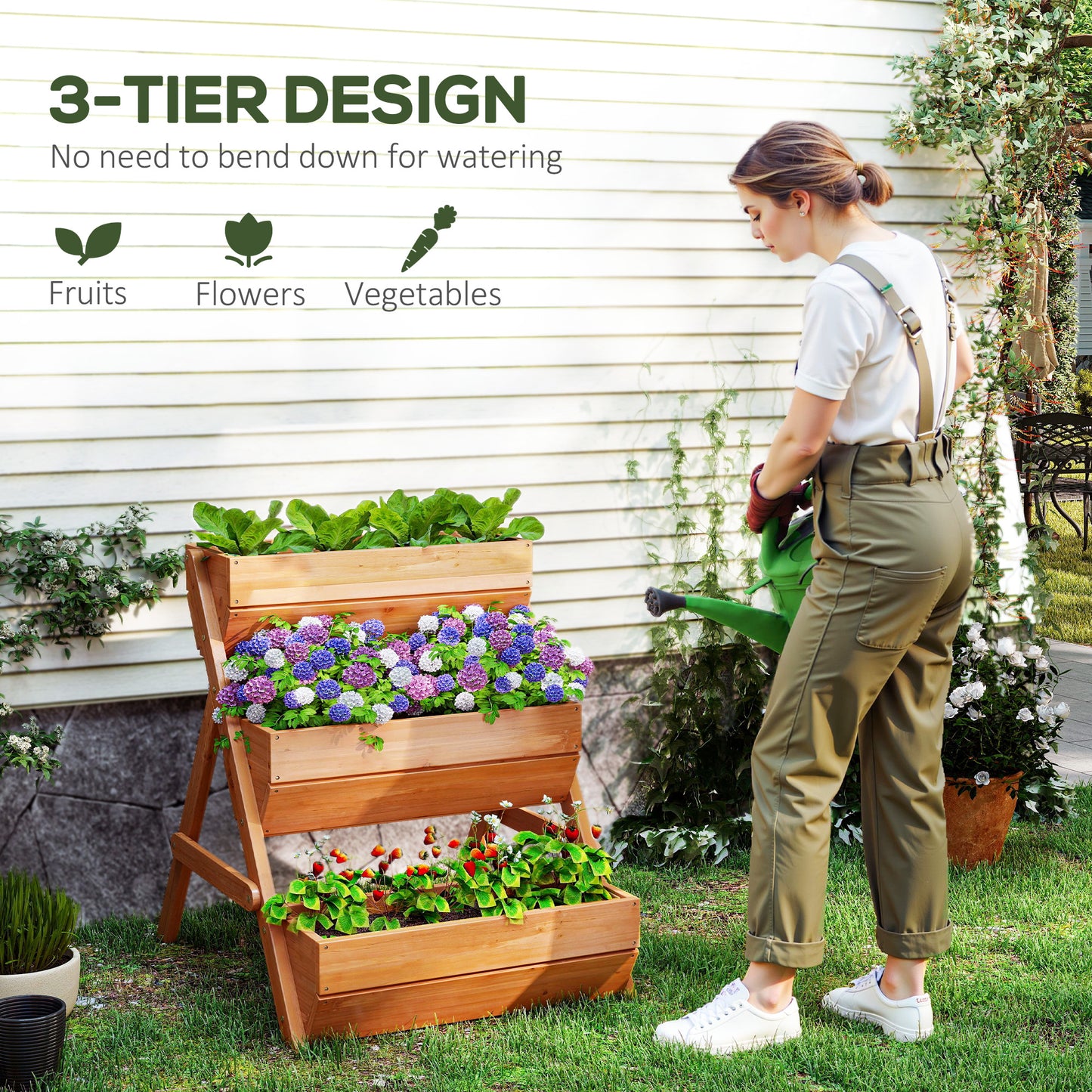 3 Tier Raised Garden Bed Wooden Elevated Planter Box Kit, 66L for Flower, Vegetable, Herb, 65x75x78cm, Brown