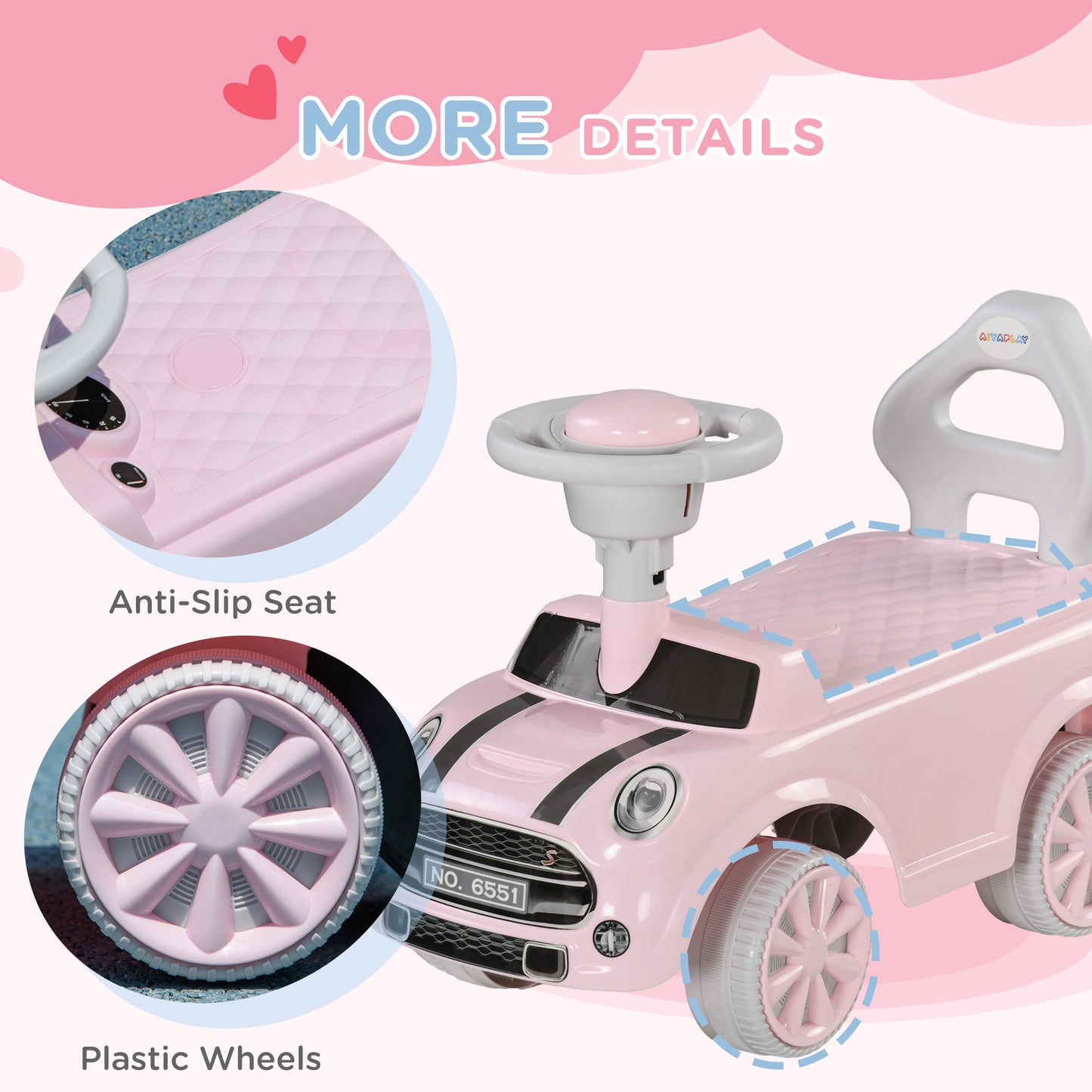 Foot To Floor Ride On Car Sliding Car w/ Air Horn, Anti-Over-Backwards, 18 to 36 Months - Pink