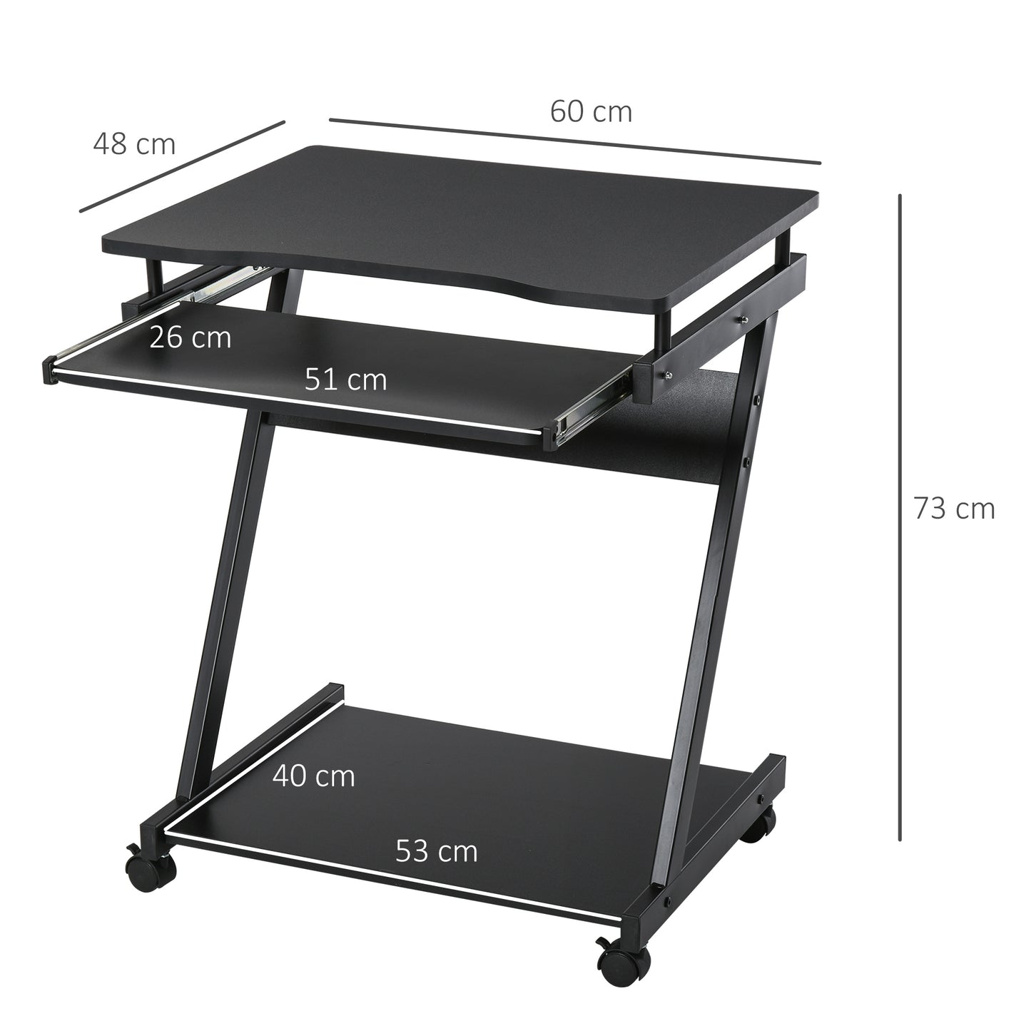 Movable Computer Desk with 4 Moving Wheels and Keyboard Tray Black