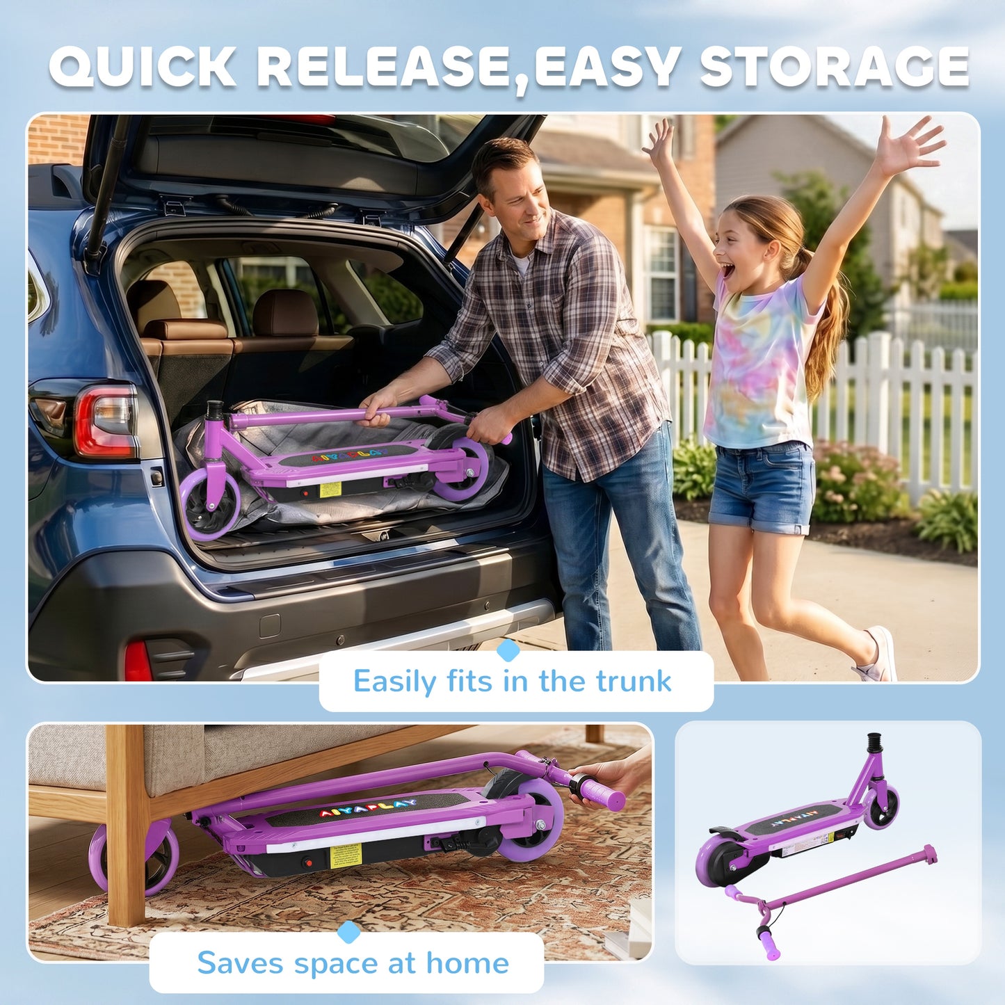 Electric Scooter for Kids 6-14 Years, with Colourful Lights, Purple
