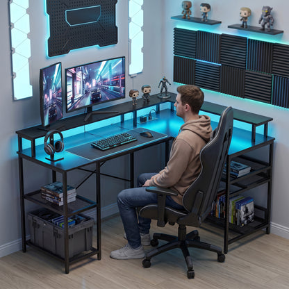 L Shaped Gaming Desk with LED Lights and Power Outlets, 150cm Corner Computer Desk for Small Space, Black