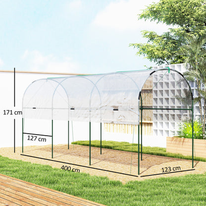 Tunnel Tomato Greenhouse with 4 Hoops and Top Tap, Pointed Bottom and Guy Ropes, 400 x 123 x 171 cm, Clear