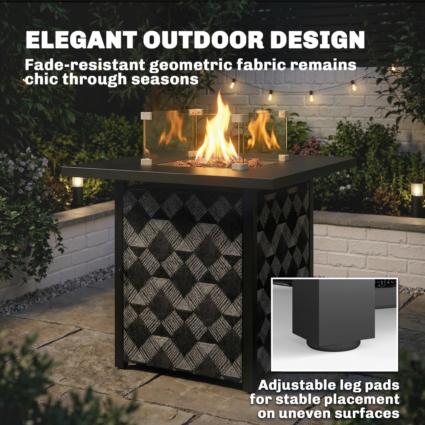 Square Propane Gas Fire Pit Table,12 KW Firepit Outdoor Patio Heater with Glass Wind Guard, Lava Rocks, Gas Tank Holder