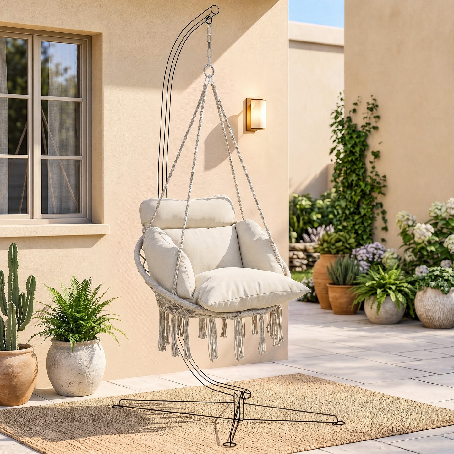 Hanging Chair Outdoor Hammock Chair with Soft Cushion, Cotton Rope Boho Style Swing Chair