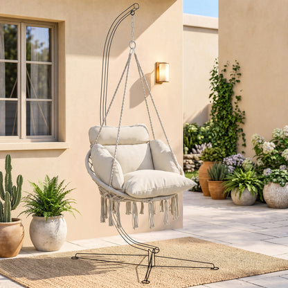 Hanging Chair Outdoor Hammock Chair with Soft Cushion, Cotton Rope Boho Style Swing Chair