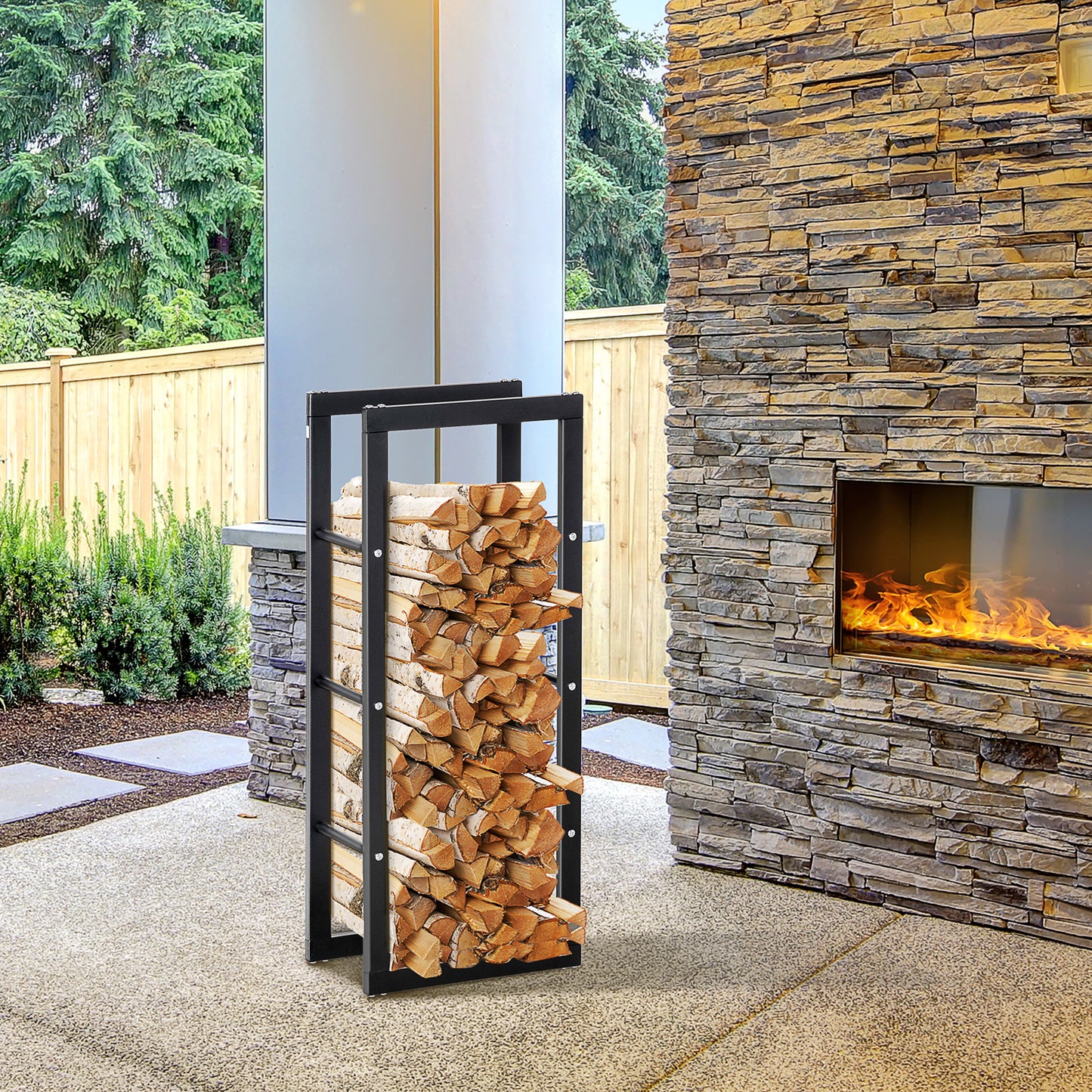 Metal Firewood Log Holder Tall Firewood Rack Indoor Outdoor Fireplace Wood Storage Shelf with Side Rails, Rust-Resistant