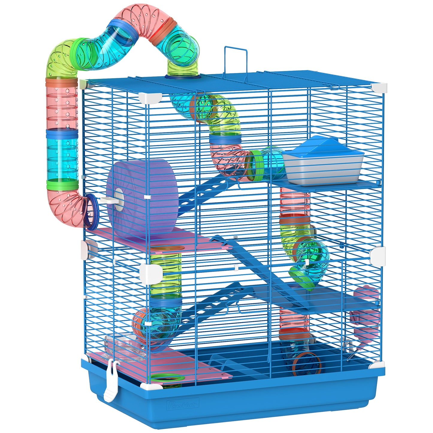 5 Tier Hamster Cage Carrier Habitat w/ Exercise Wheels, Tunnel, Blue