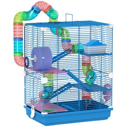 5 Tier Hamster Cage Carrier Habitat w/ Exercise Wheels, Tunnel, Blue