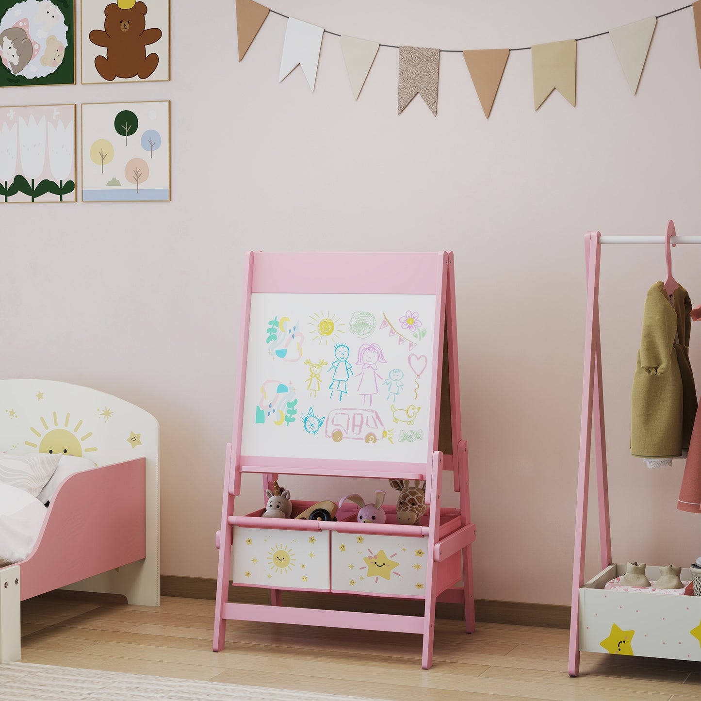 Art Easel for Kids, Double-Sided Whiteboard/Blackboard with Paper Roll, Two Storage Boxes, for Ages 3-8 Years, Pink