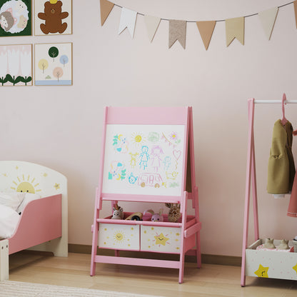 Art Easel for Kids, Double-Sided Whiteboard/Blackboard with Paper Roll, Two Storage Boxes, for Ages 3-8 Years, Pink