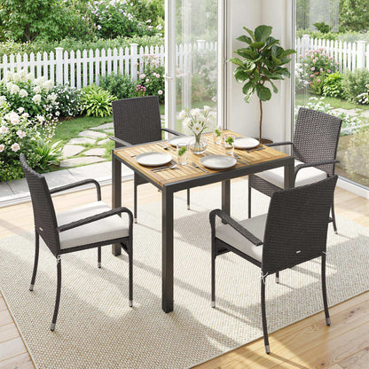 7 Piece Rattan Garden Furniture Set, 6 Seater Garden Table and 6 Stackable Chairs with Extendable Acacia Wood Tabletop