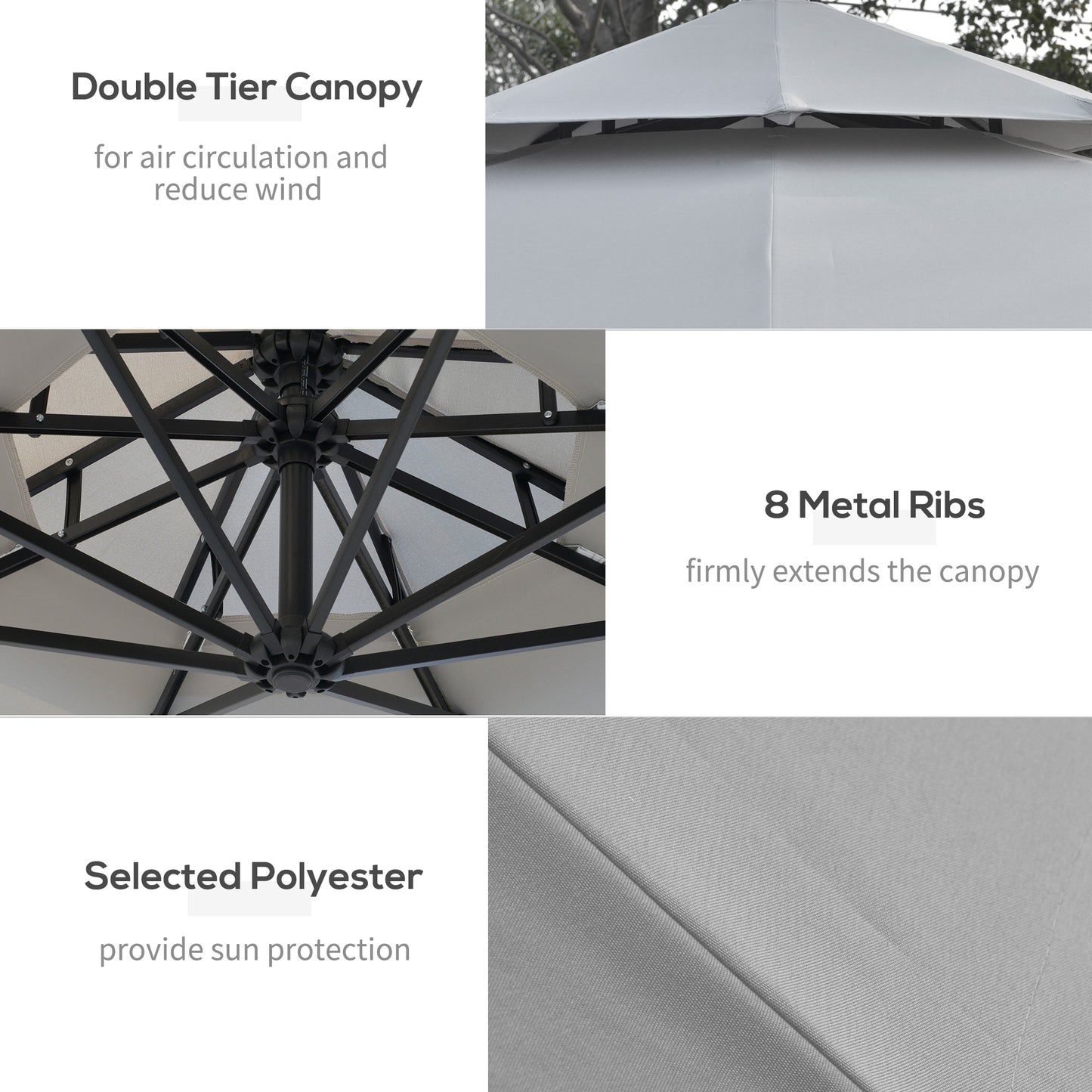 3(m) Cantilever Banana Parasol Hanging Umbrella with Double Roof, LED Solar lights, Crank