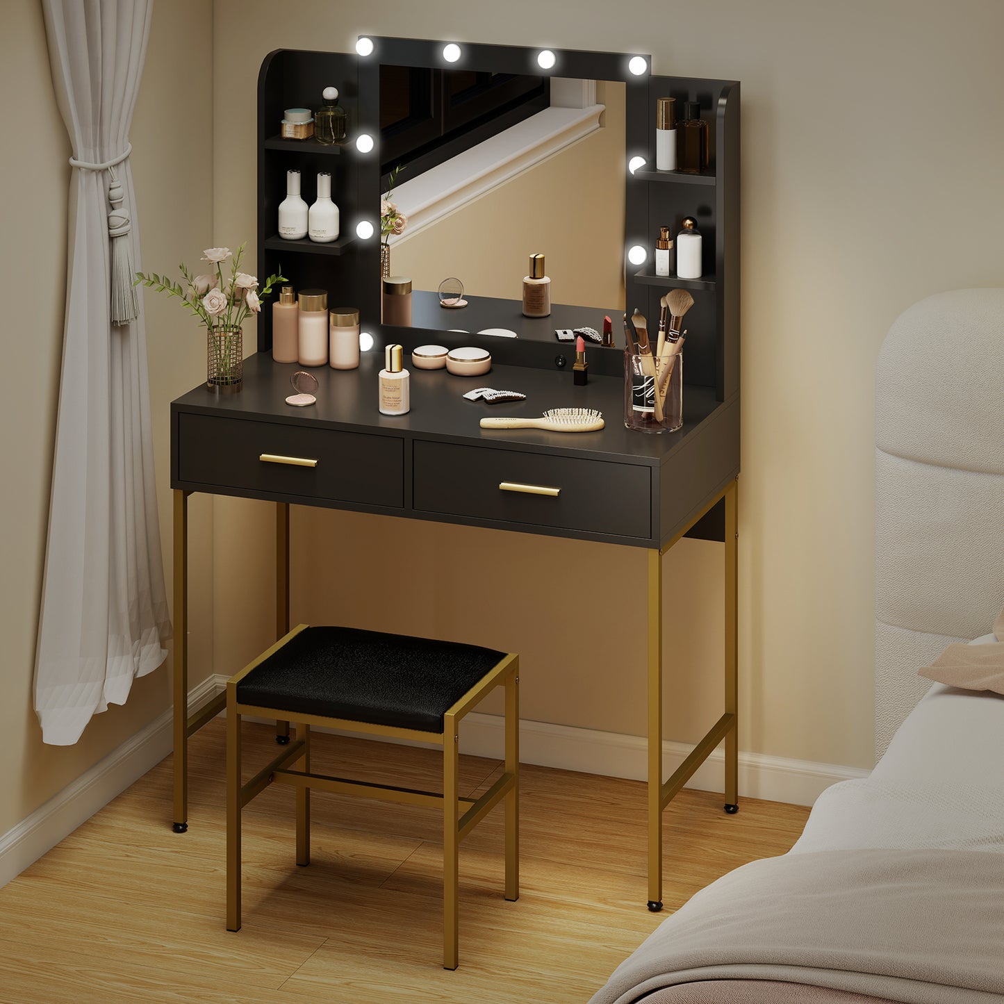 Dressing Table Set, with Storage and Stool - Black