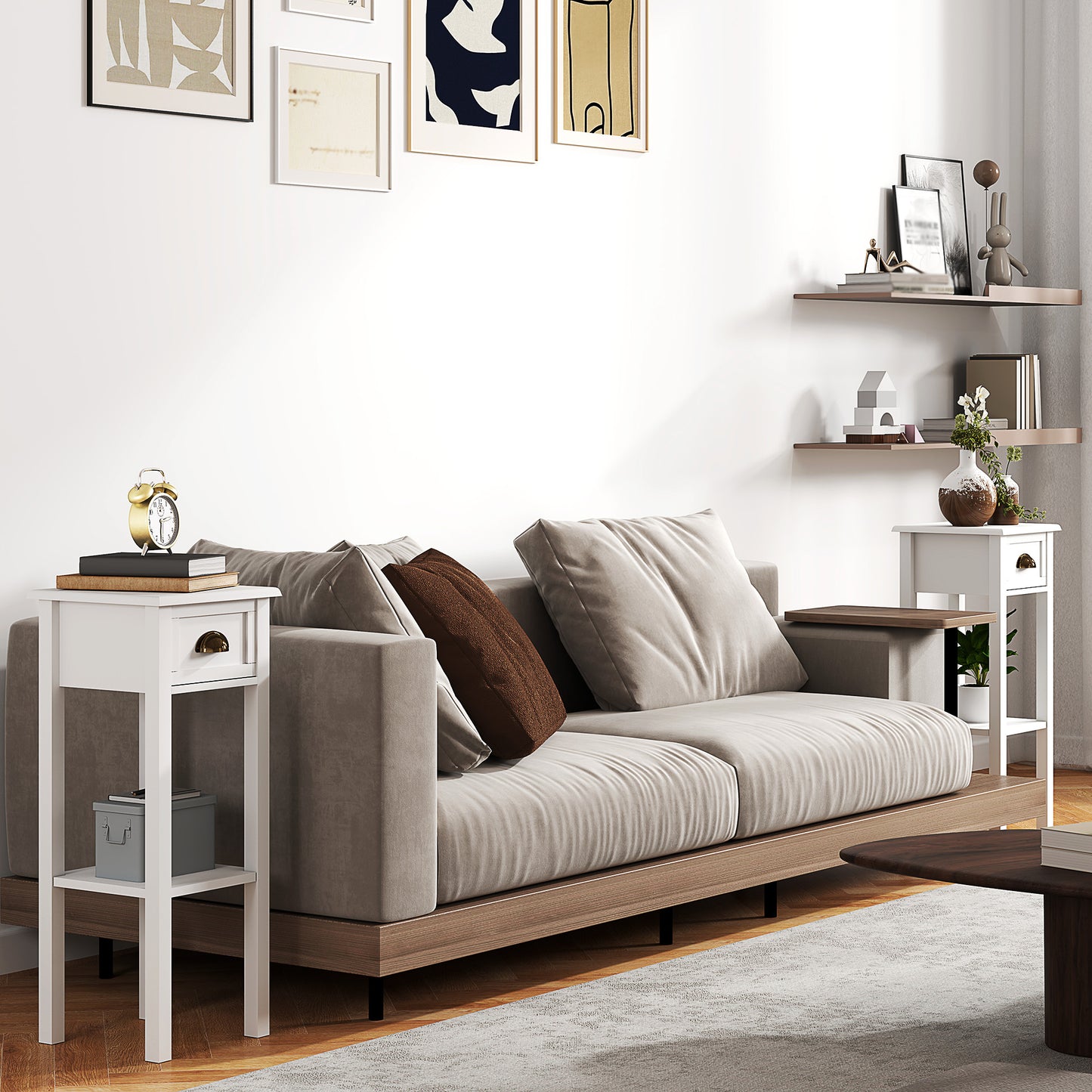 2-Tier Side Tables Set of 2 with Drawer and Shelf, 2 Pieces Bedside Tables for Living Room and Hallway, White
