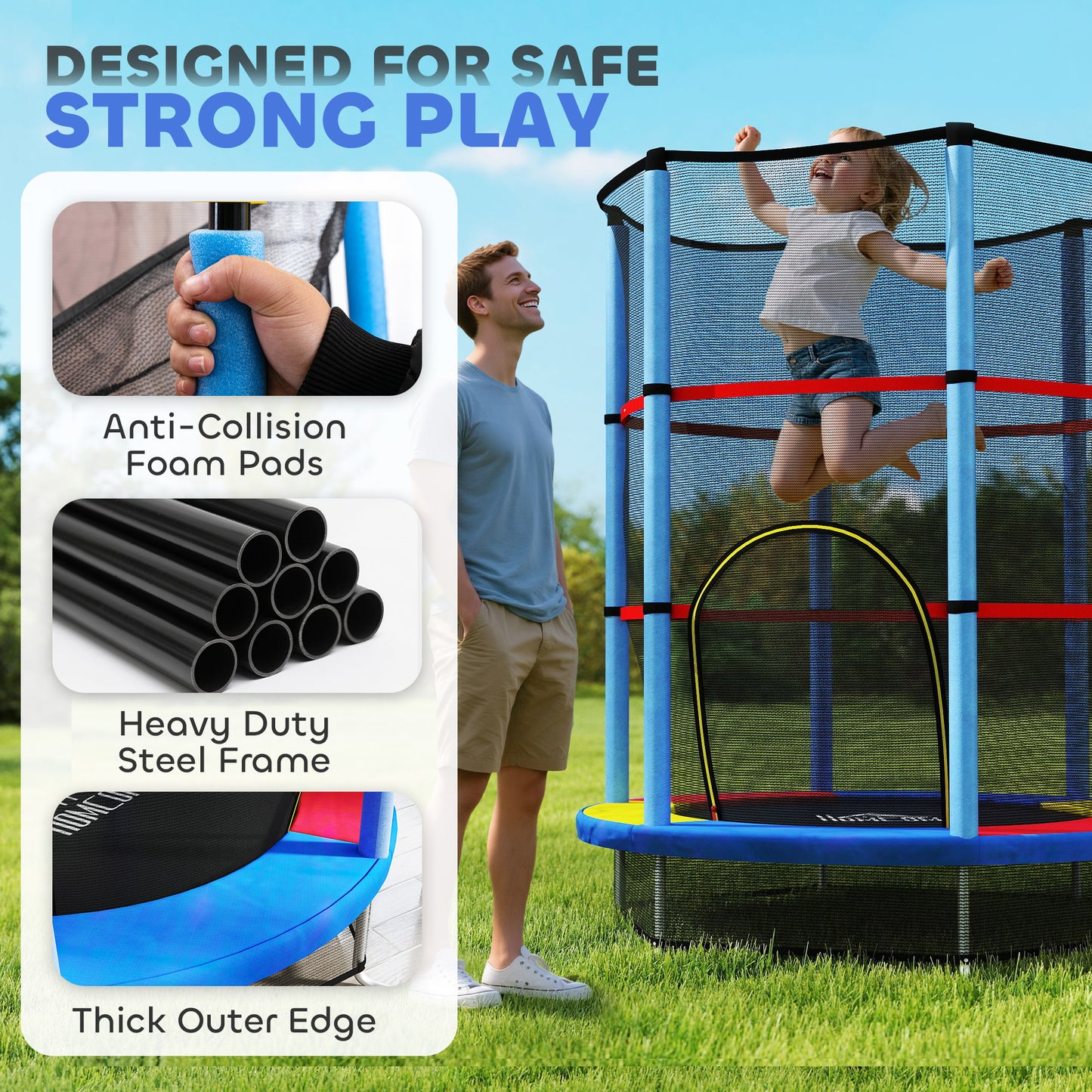 Kids Trampoline, with Enclosure Net, Steel Frame, for Ages 3-6 Years - MultiColoured