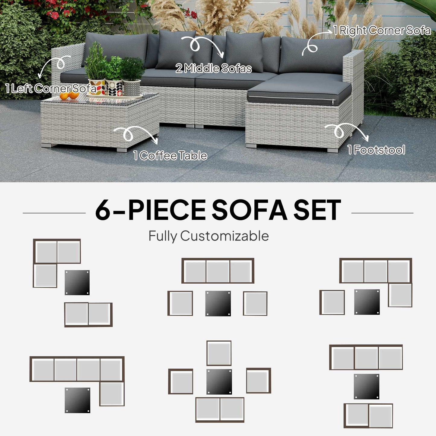 6 Pieces Rattan Corner Sofa Set - Mixed Grey