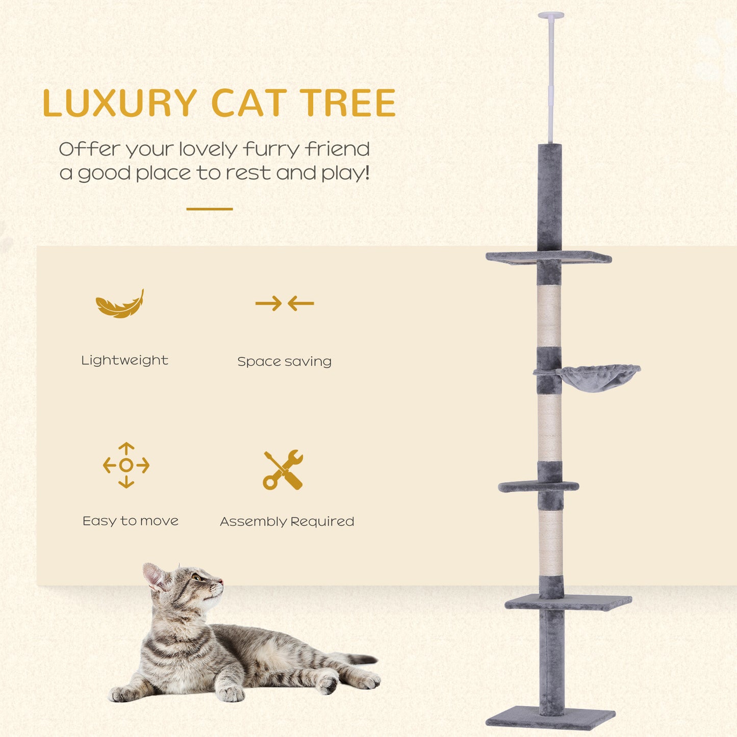 Floor to Ceiling Cat Tree 230-260cm Height Adjustable, 5-Tier Cat Tower with Scratching Posts, Hammock, Perches