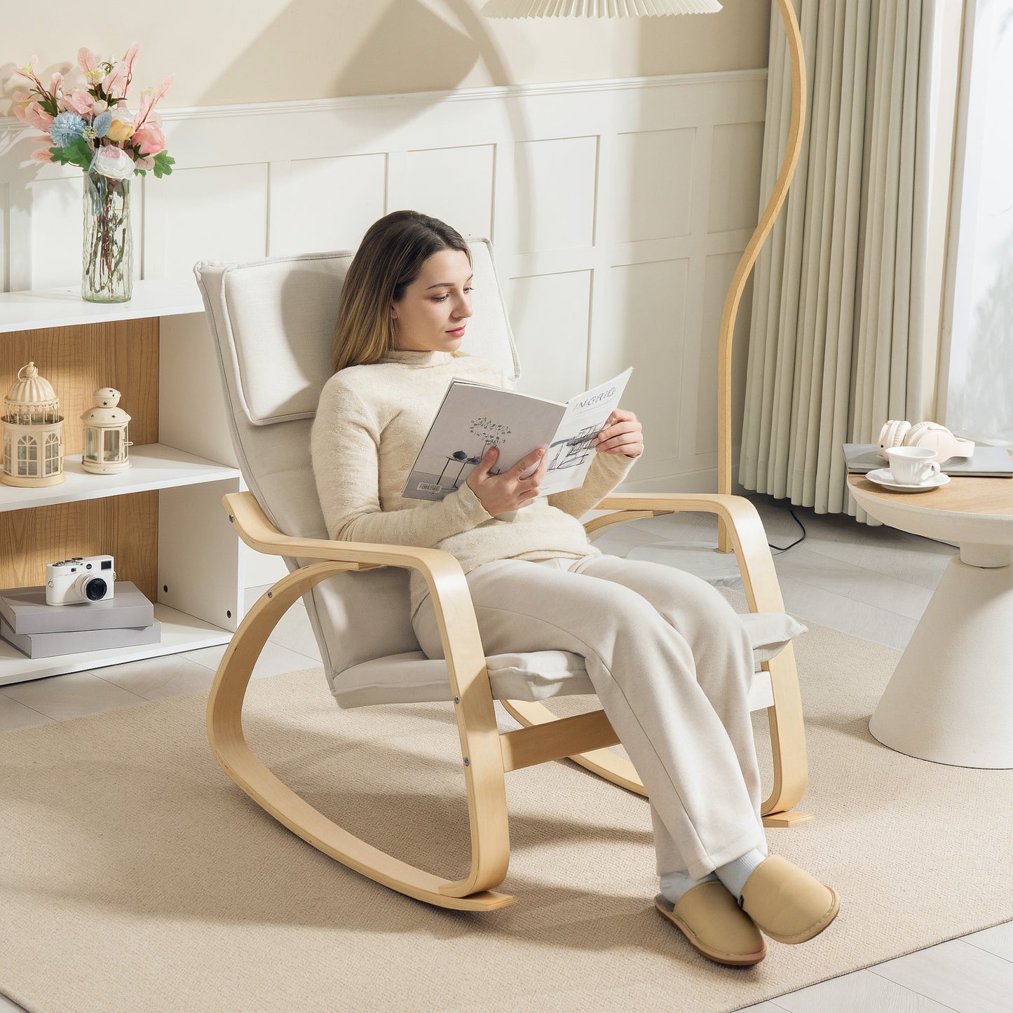 Comfortable Relax Rocking Chair, Upholstered Lounge Chair Recliner with High Back and Headrest for Living Room, Bedroom
