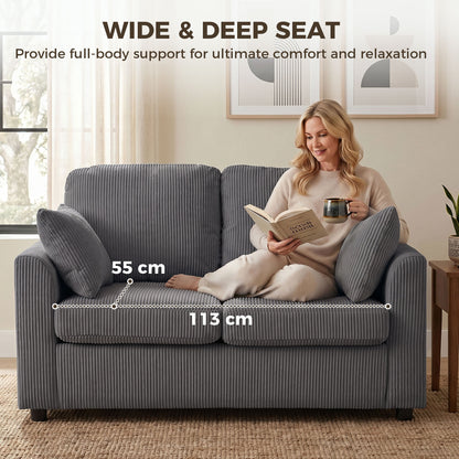 2 Seater Sofa, Corduroy Small Couch with Spring Cushion, Wide and Deep Seat, Dark Grey