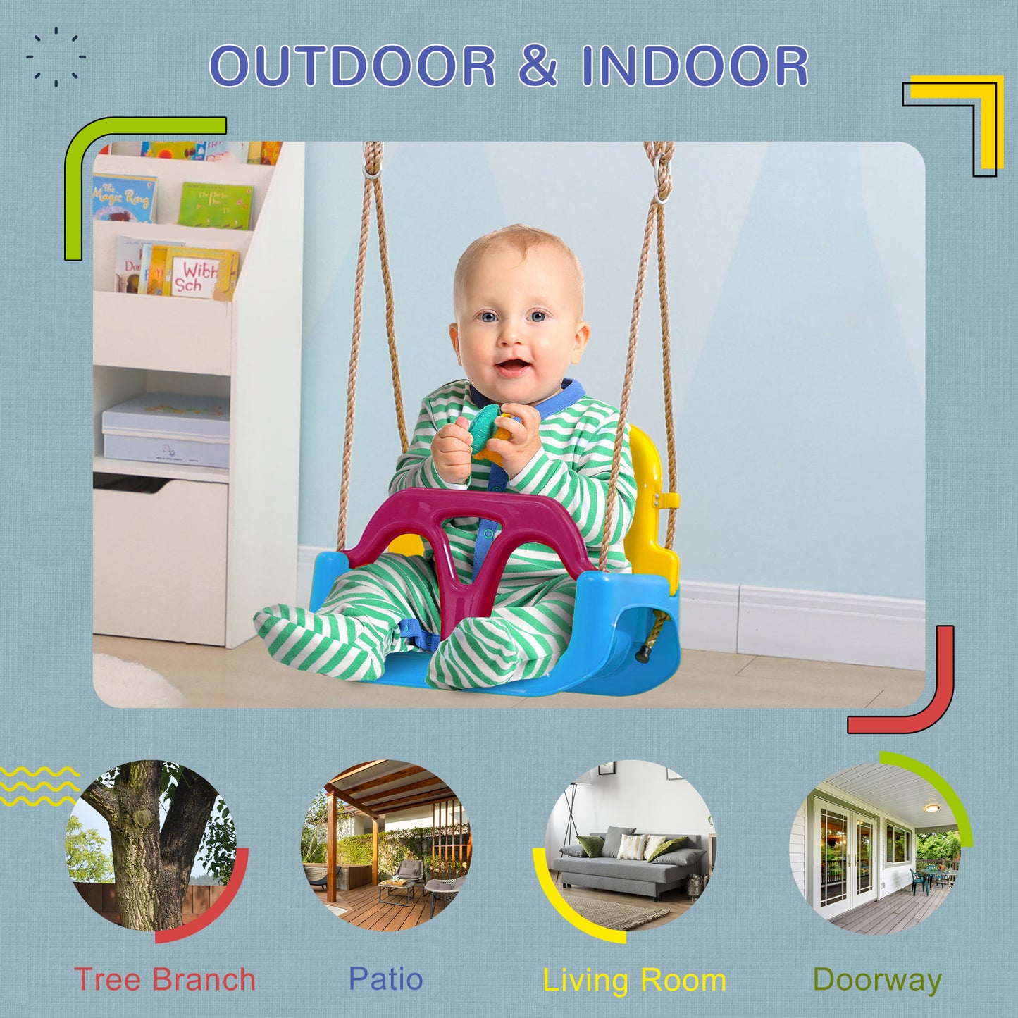 3 in 1 Detachable Kids Swing Seat with Seatbelt, Adjustable Rope for Indoor, Outdoor, Light Blue