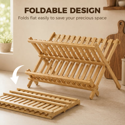 Kitchen Storage Unit, 2-Tier Foldable Kitchen Storage Rack with Slatted Draining Shelves, Natural Wood Finish