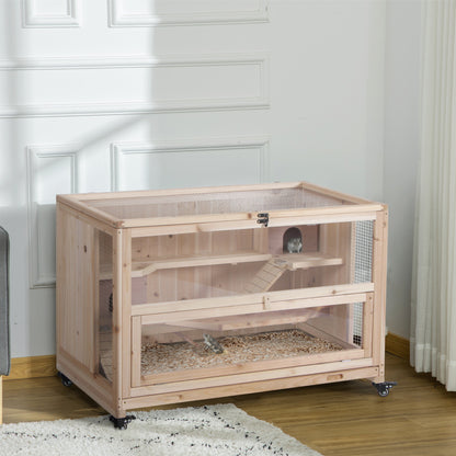 Wooden Hamster Cage, Mice Rodent Small Animals Kit Hutch, 3 Tiers Exercise Play House, with Wheels, Bottom Tray