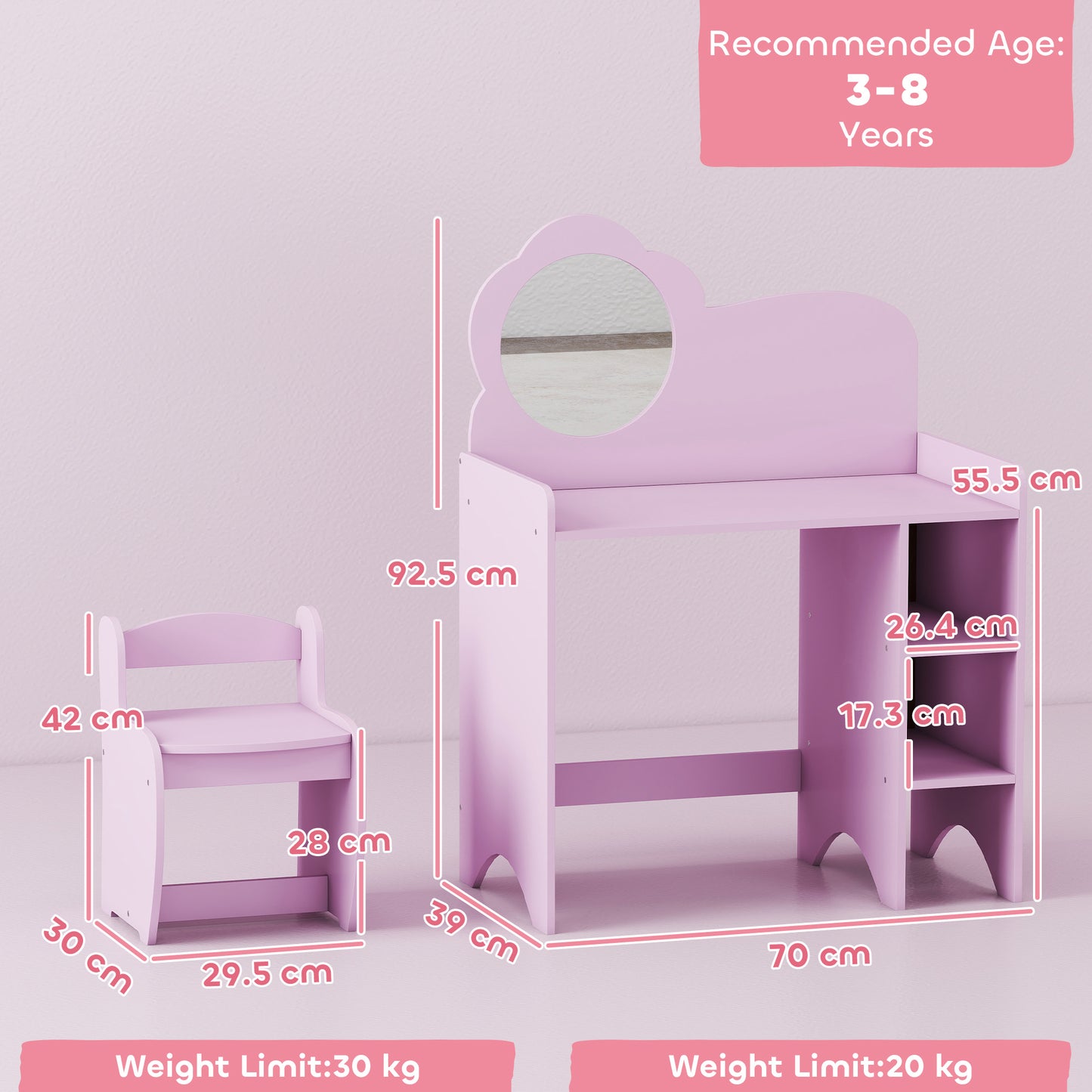 Kids Dressing Table with Mirror, Stool, Kids Vanity Table with Shelves, for Ages 3-8 Years, Purple