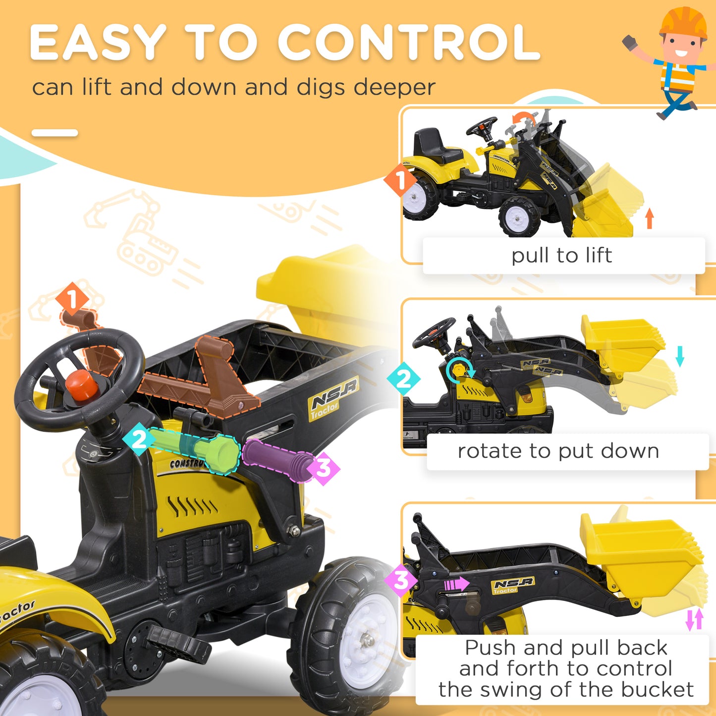 Ride On Tractor, Toddler Excavator Toy, Pretend Play Construction Truck with Adjustable Bucket, Horn for 3 Years+