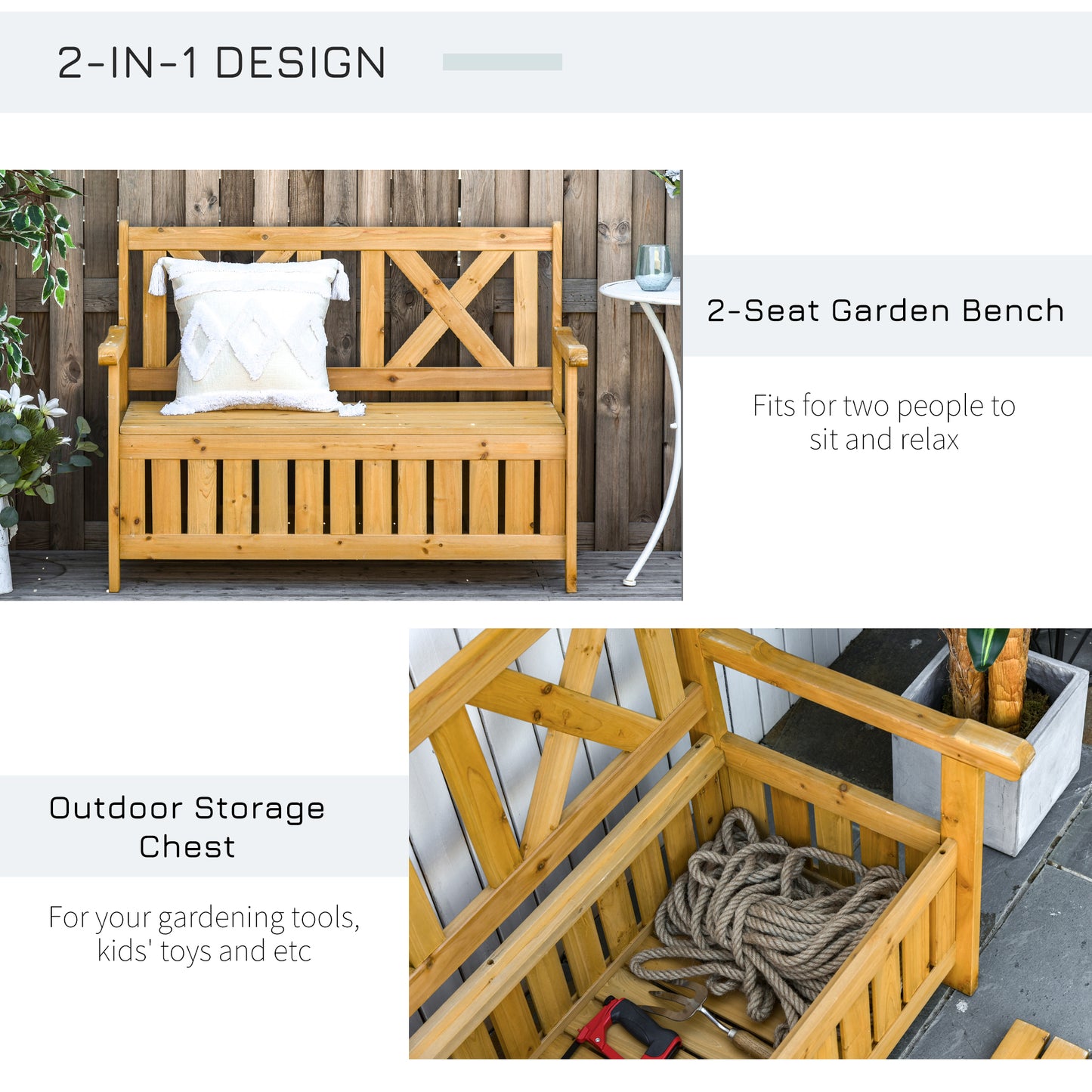 2-Seater Garden Storage Bench for Patio Wood Porch Decor Outdoor Seating