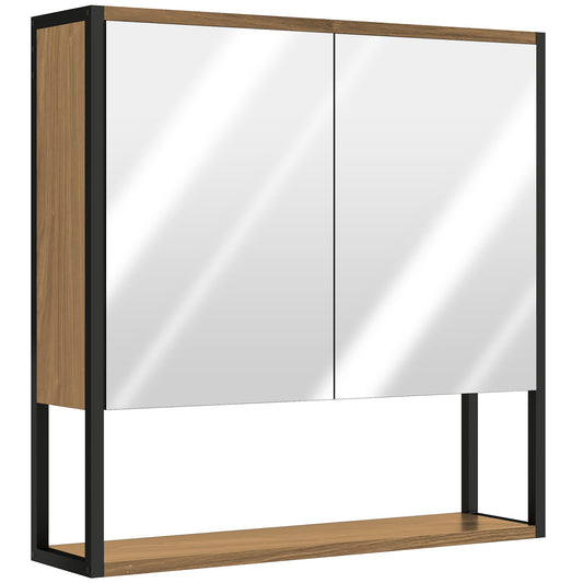 Bathroom Mirror Cabinet with Soft-Close Doors and Adjustable Shelf - Natural Wood Finish