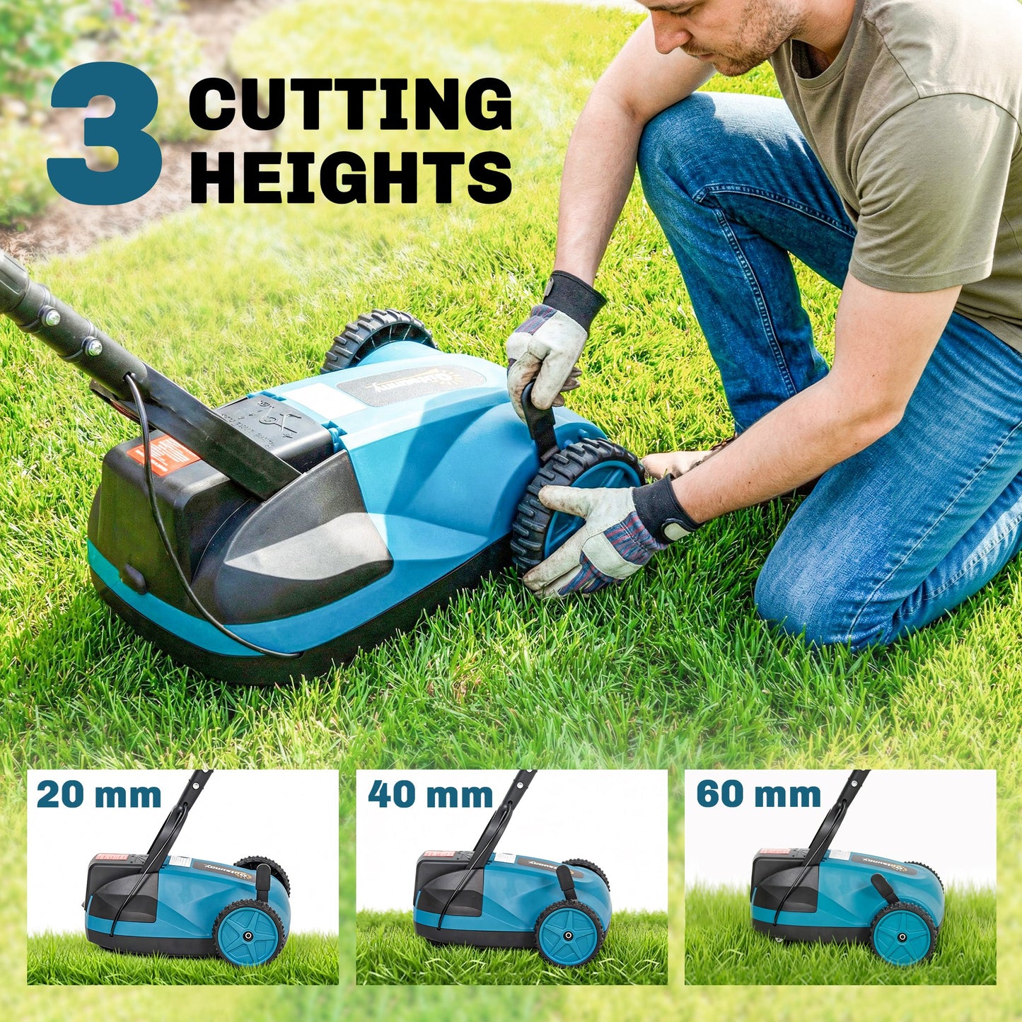 18V Cordless Lawnmower with 2 x 4Ah Batteries & Charger, Battery Lawn Mower with 21cm Cutting Width, 3 Cutting Heights