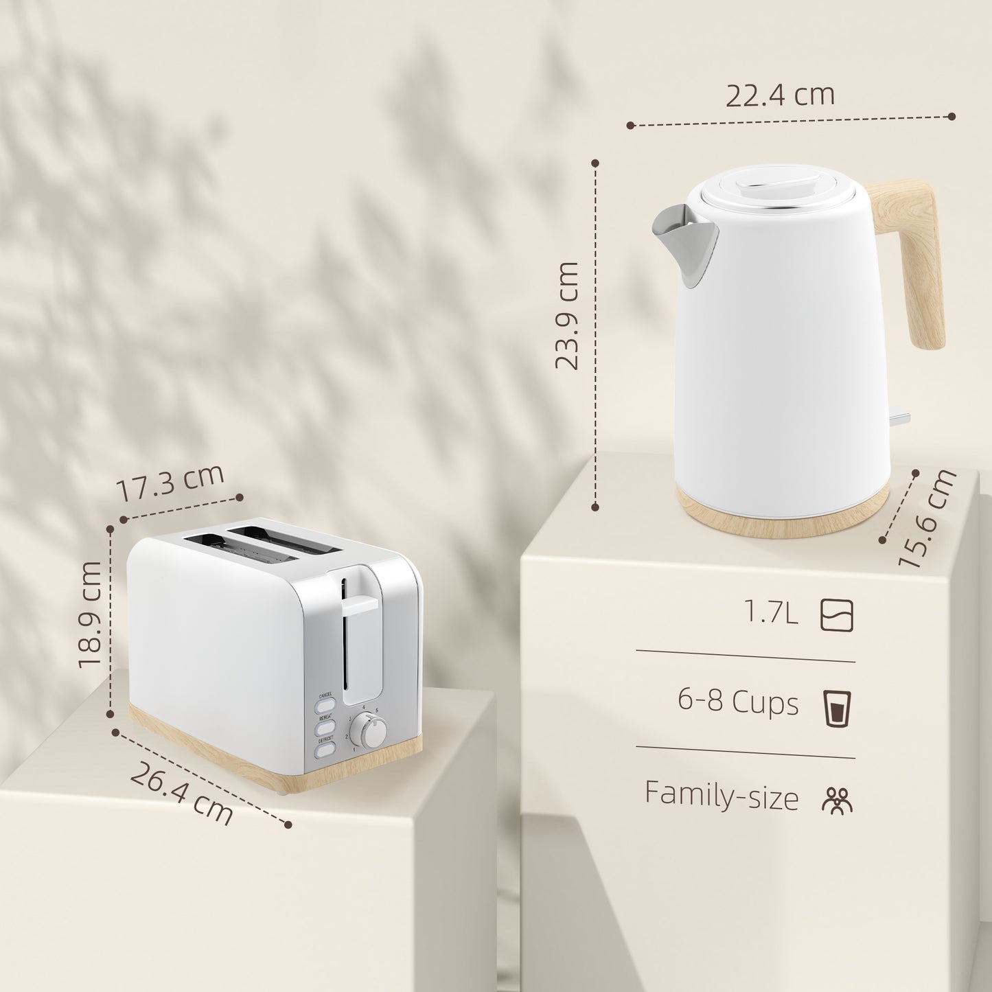 Stainless Steel Kettle and Toaster Set, 1.7L 3000W Fast Boil Kettle & 2 Slice Toaster Kitchen Set