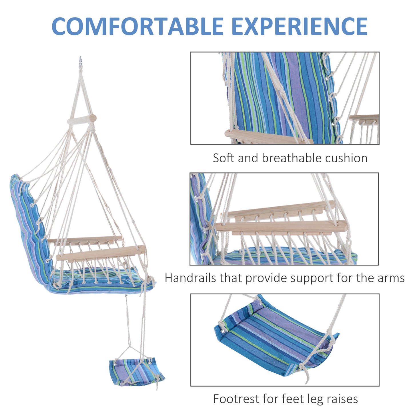 Hanging Rope Chair with Soft Padded Seat & Backrest, Portable Garden Hammoc Chair with Wooden Support Bar, Armrests