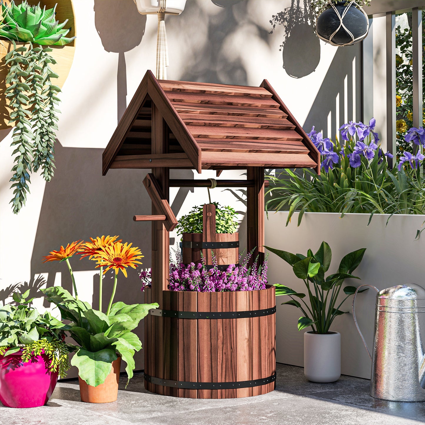 Wood Wishing Well for Outside with Hanging Bucket, Wishing Well Planter with Drain Hole for Garden Patio, Carbonized