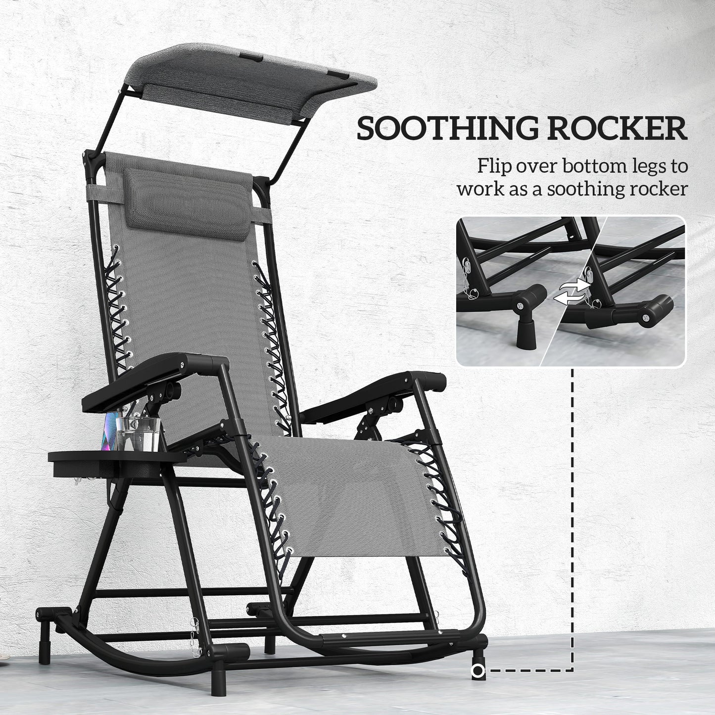 Garden Rocking Chair Folding Recliner Outdoor Adjustable Sun Lounger Rocker Zero-Gravity Seat with Headrest Side Holder Patio