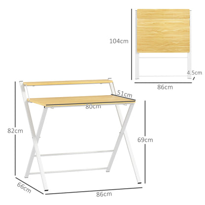 Compact Folding Desk for Small Spaces, Foldable Computer Desk with Storage Shelf for Home Office, 2-Tier Study Writing Table