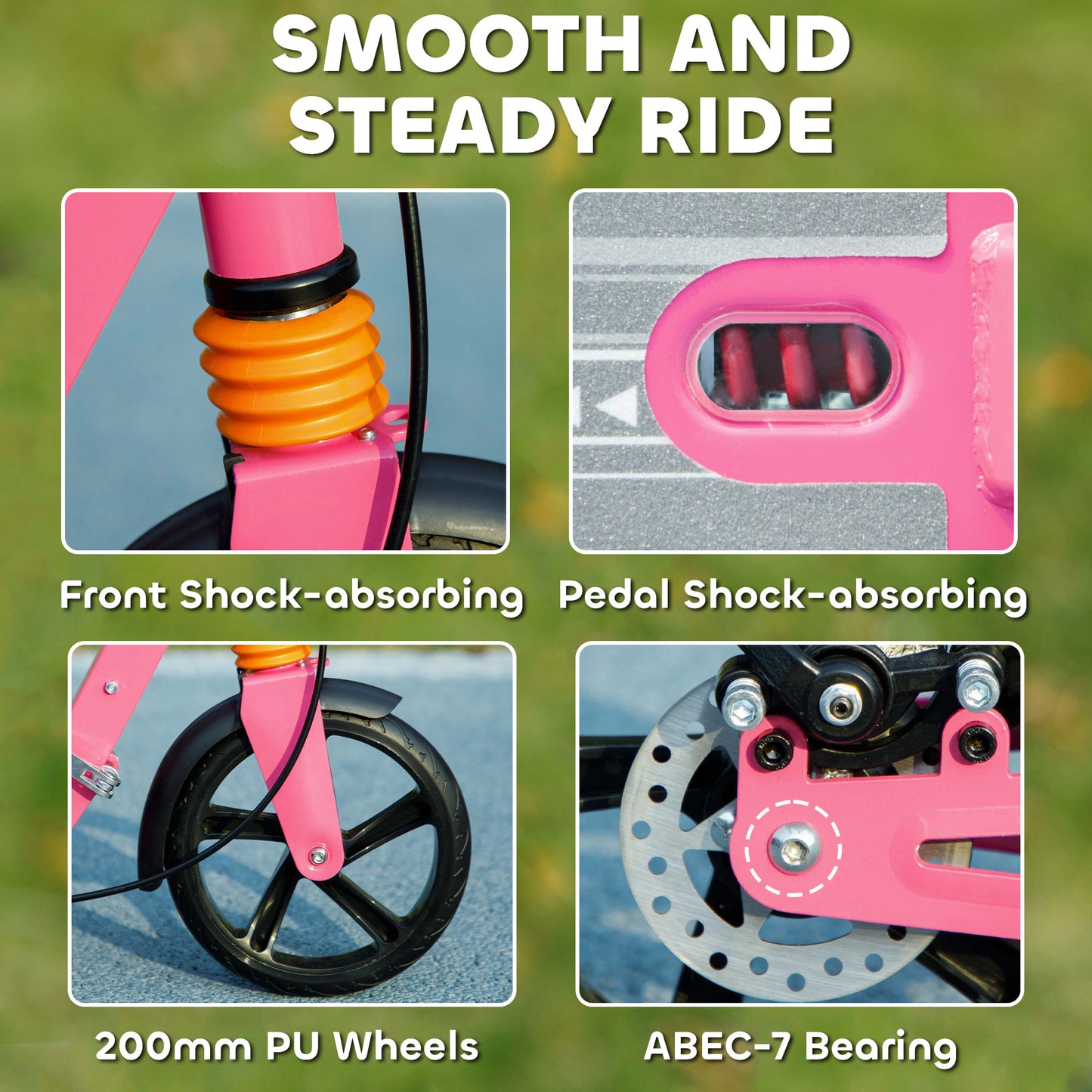 Kids Scooter with Four-Level Adjustable Handlebar, Dual Brake System, 200mm Wheels, ABEC-7 Bearings, Pink