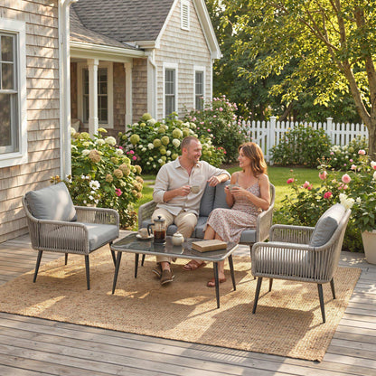 Rattan Garden Furniture Set, 4 Piece Outdoor Patio Furniture with Tempered Glass Table and Chairs