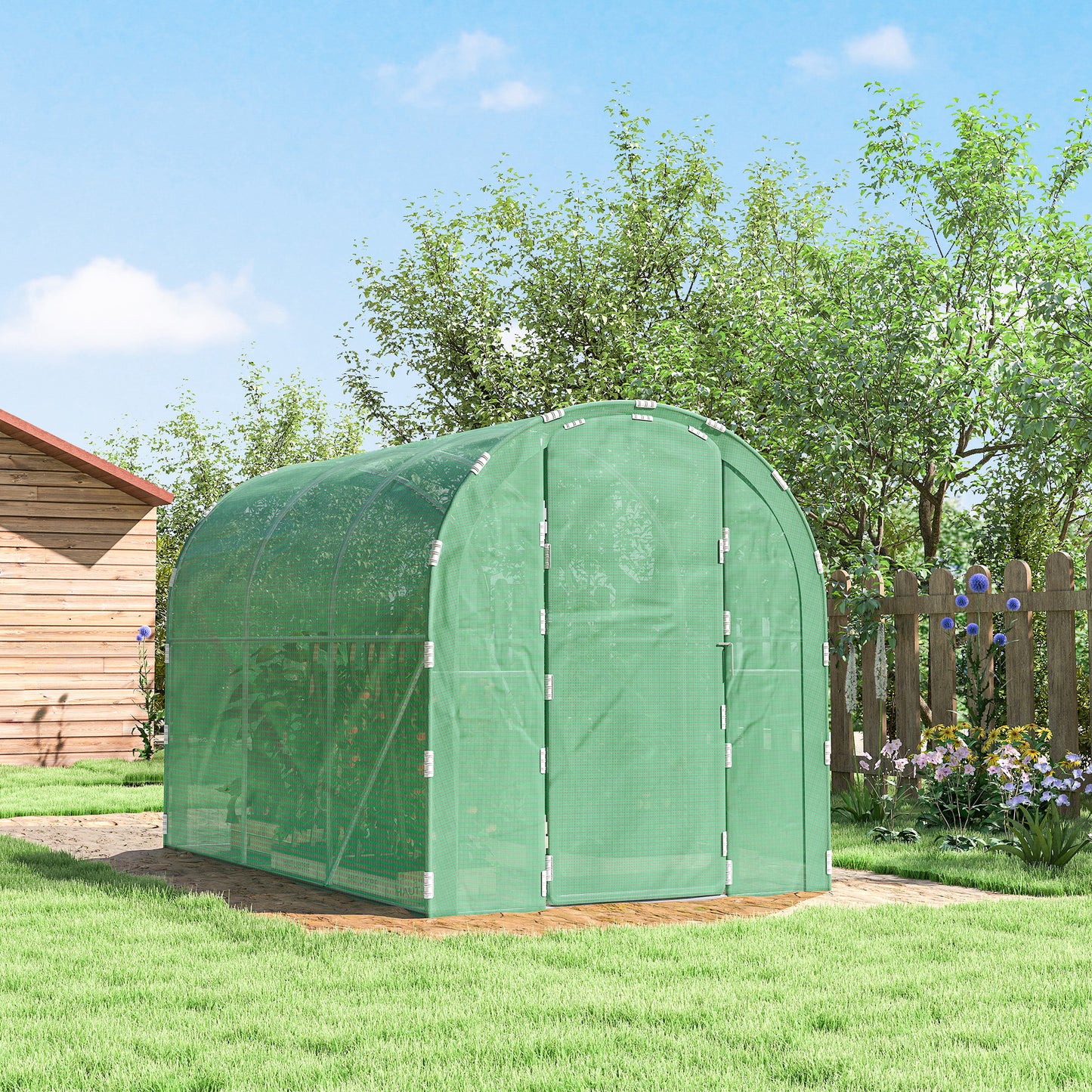3 x 2 x 2m Polytunnel Greenhouse with Hinged Door, Walk-in Grow House Tent with PE Cover and Galvanised Steel Frame, Green