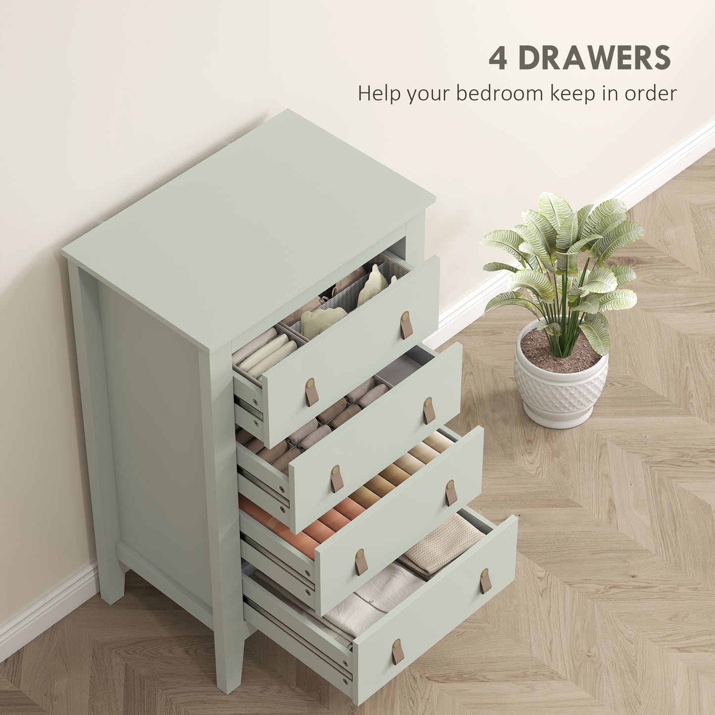 Bedroom Chest of Drawers, Modern 4 Drawer Dresser Cabinet with PU Leather Handles and Metal Runners for Living Room, Hallway