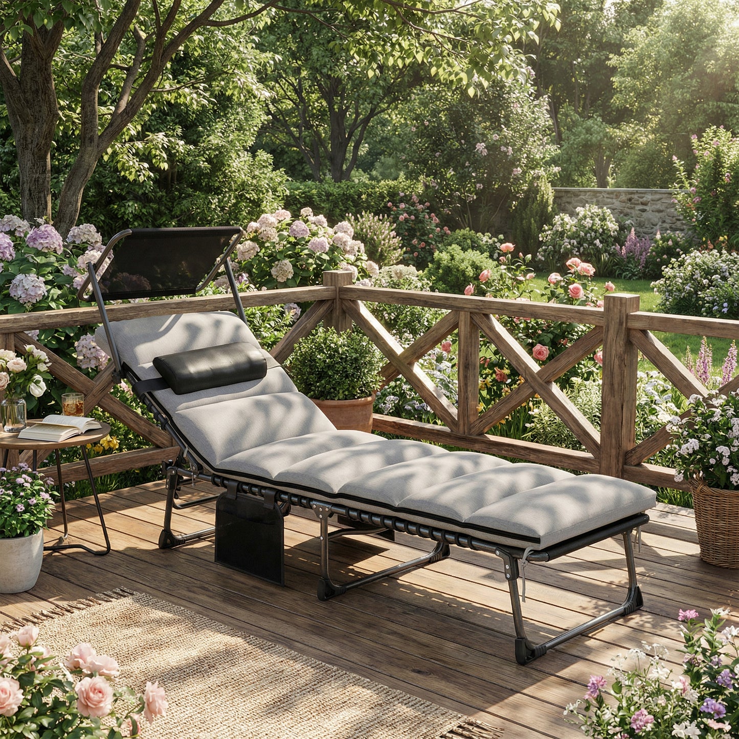 Folding Sun Lounger with Canopy, Reclining Sunbed with Cushion, Side Pocket, Carrying Handle, Light Grey