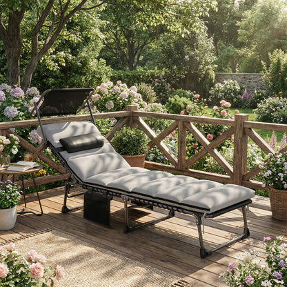 Folding Sun Lounger with Canopy, Reclining Sunbed with Cushion, Side Pocket, Carrying Handle, Light Grey
