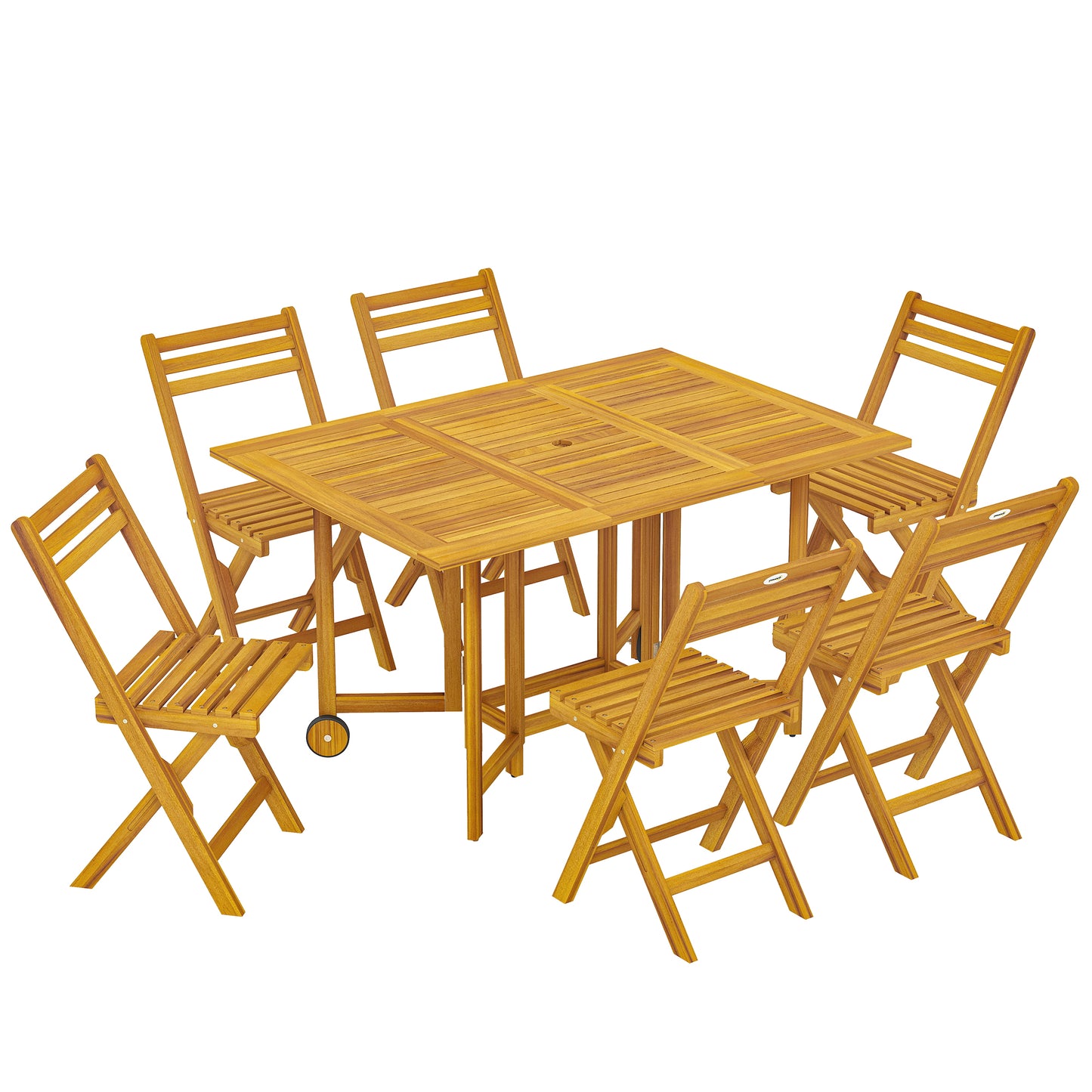 7 Pieces Garden Dining Set, Extending Dining Table and 6 Folding Chairs with Umbrella Hole for Patio, Natural Wood