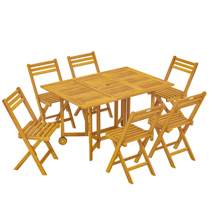 7 Pieces Garden Dining Set, Extending Dining Table and 6 Folding Chairs with Umbrella Hole for Patio, Natural Wood