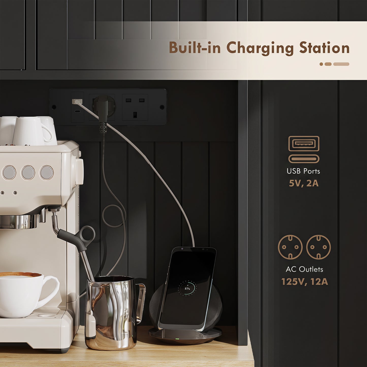 173 cm Tall Kitchen Cupboard with Charging Station, Pantry Storage Cabinet with Adjustable Shelves and 4 Door Racks