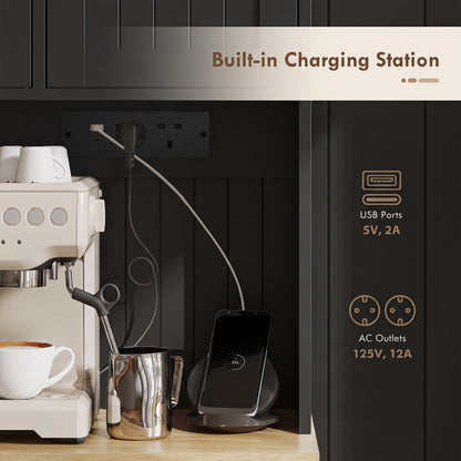 173 cm Tall Kitchen Cupboard with Charging Station, Pantry Storage Cabinet with Adjustable Shelves and 4 Door Racks