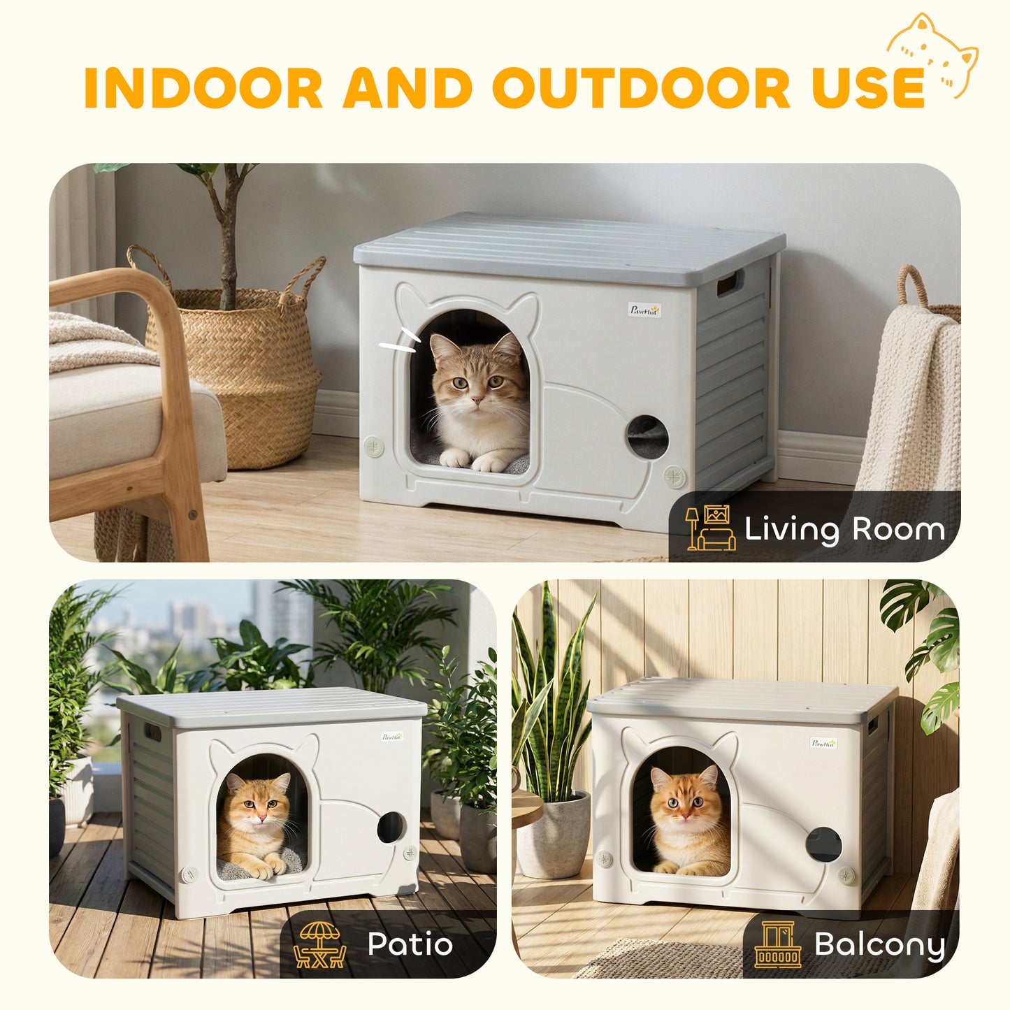 Cat House Stackable Pet Shelter with Removable Cushion for Indoor Outdoor Use Grey