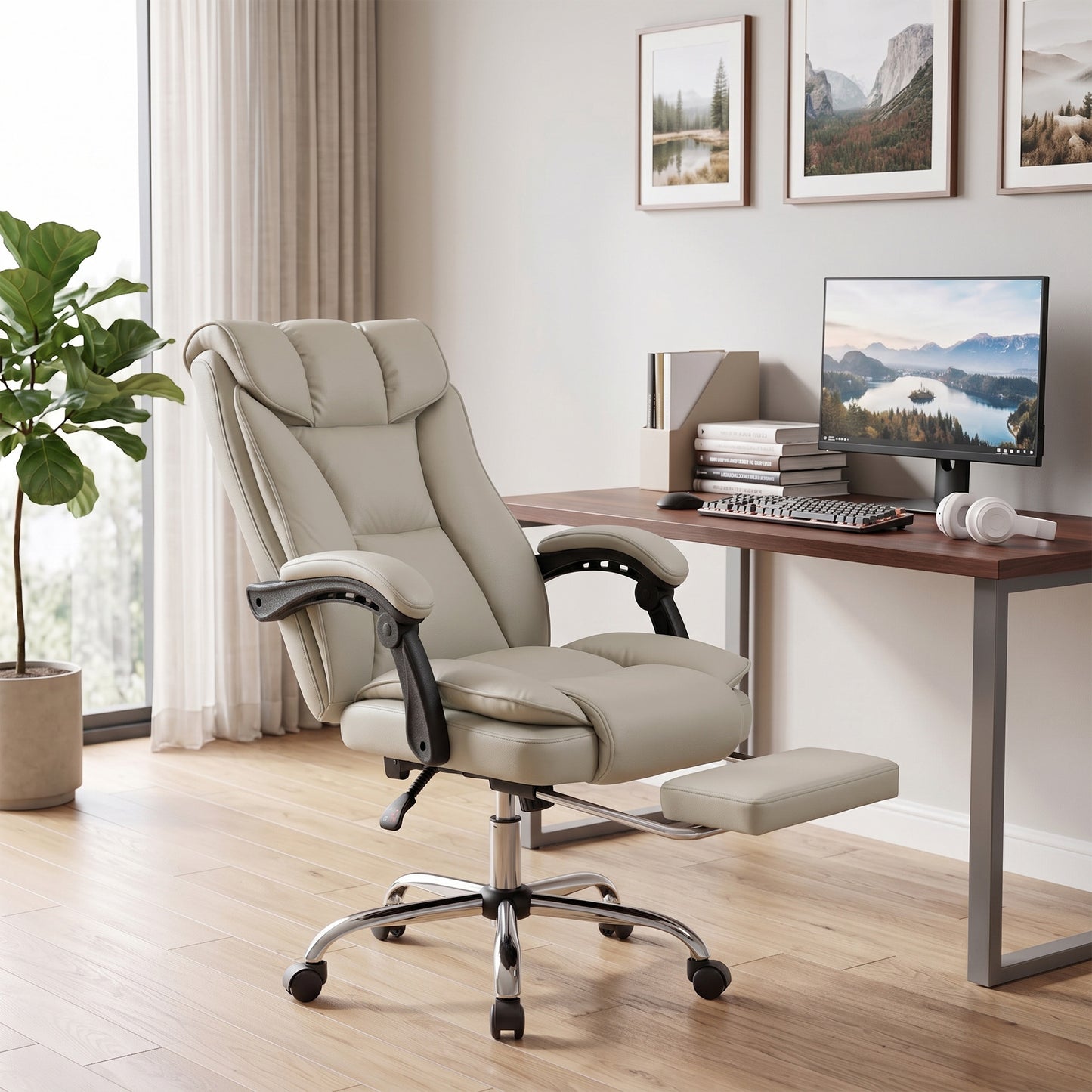 Pet-Friendly Faux Leather Computer Desk Chair, Executive Office Chair with Footrest and Double-Layer Padding, Khaki