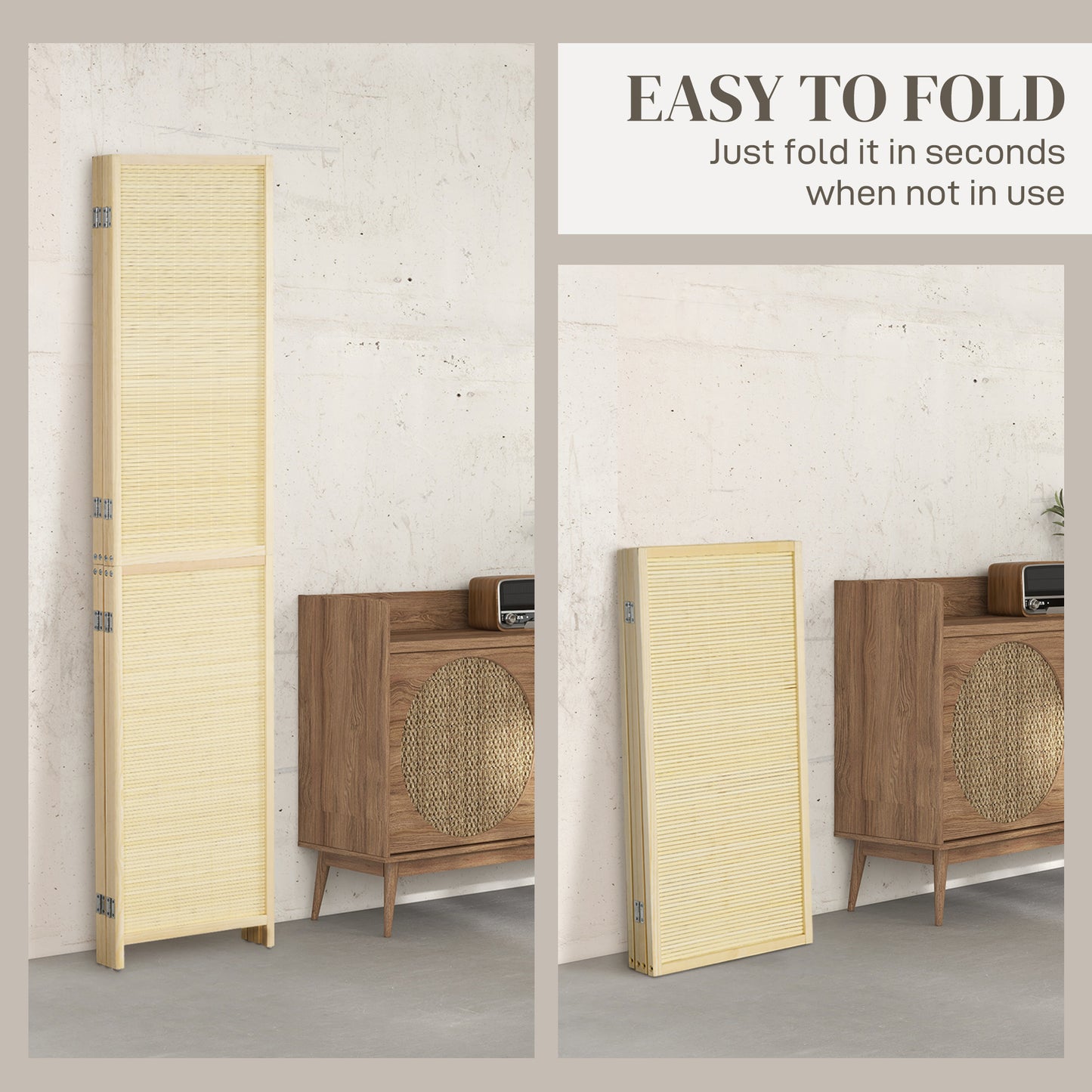 Room Divider, Freestanding Privacy Screen, 4 Panel Folding, 180 x 180cm, Natural